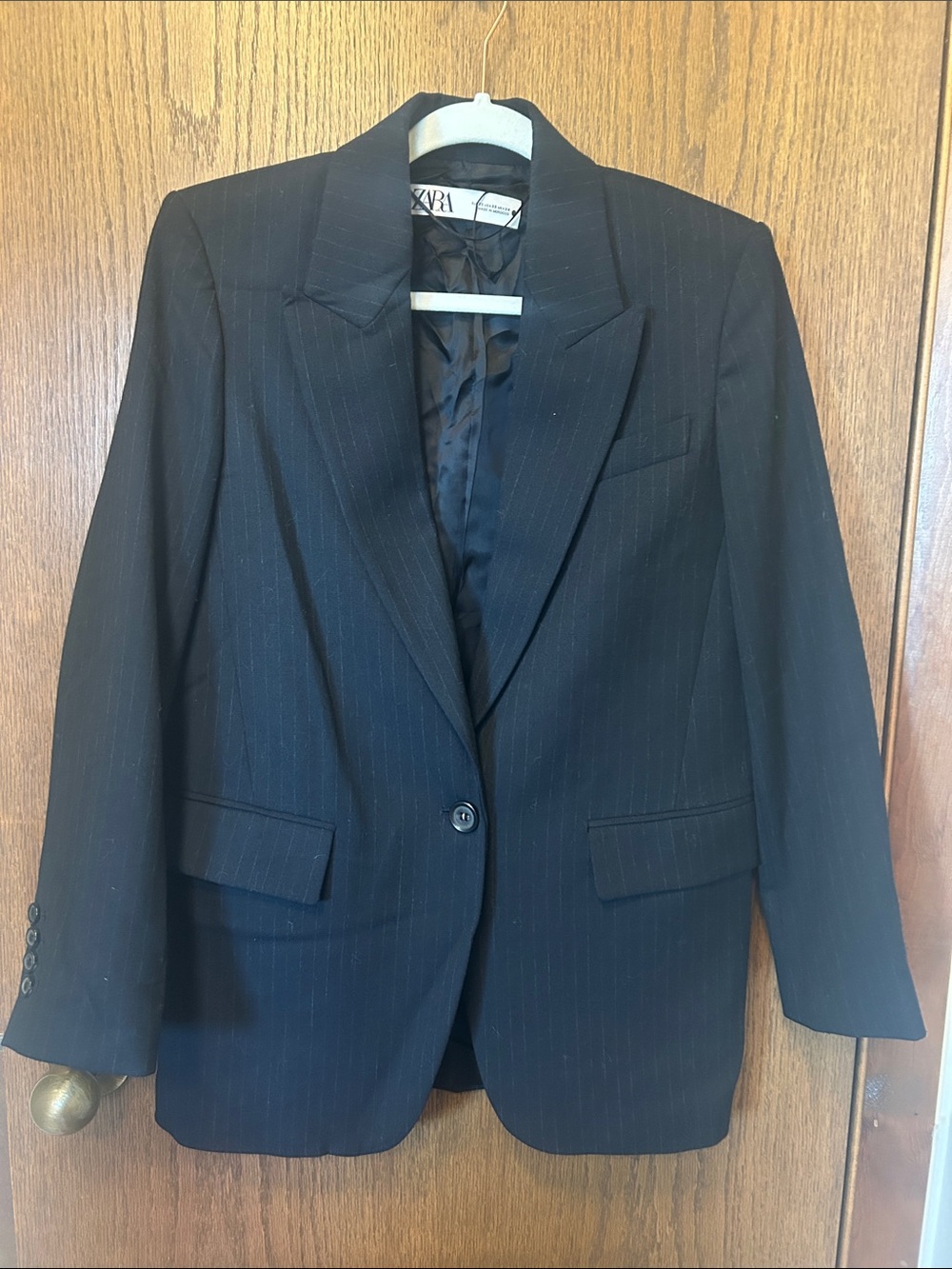 Zara Navy Pinstripe Single-Button Blazer